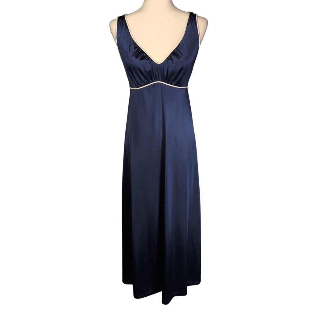 Vintage 70s JCPenney Blue Satin Maxi Nightgown Tie Sleeveless Slip Dress Size P